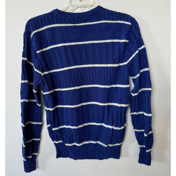 Vintage Striped Sailing Sweater Mens Sz L Blue 1980s Pullover Marine Sport USA - Picture 2 of 7